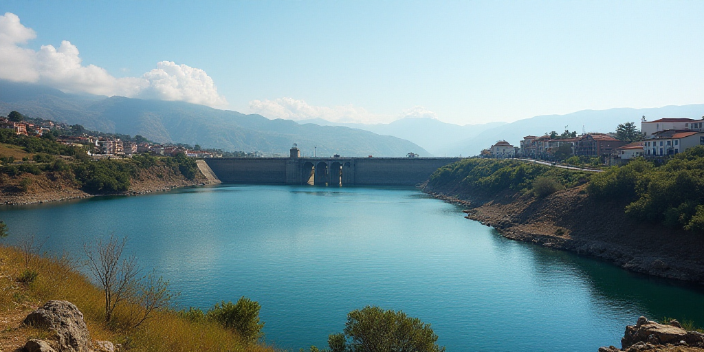 a large body of water near a large dam with a bridge over it and a few buildings on the other side,