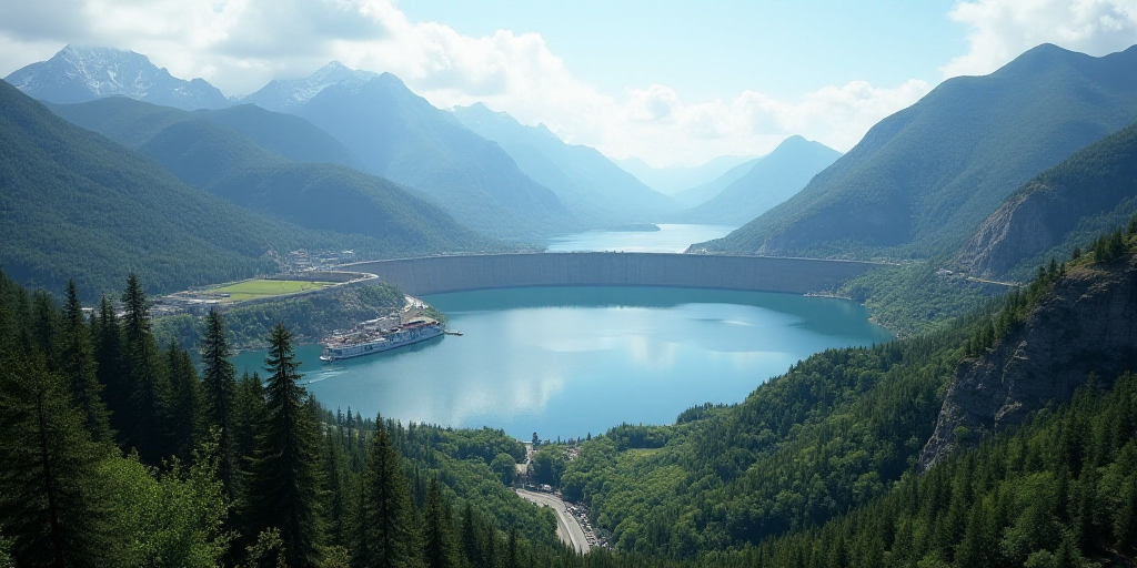 a large body of water surrounded by mountains and trees in the middle of a valley with a large dam,