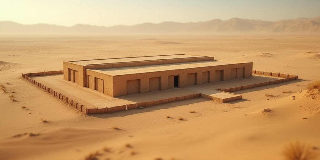 a large building in the middle of a desert area with a fence around it and a small building in the m