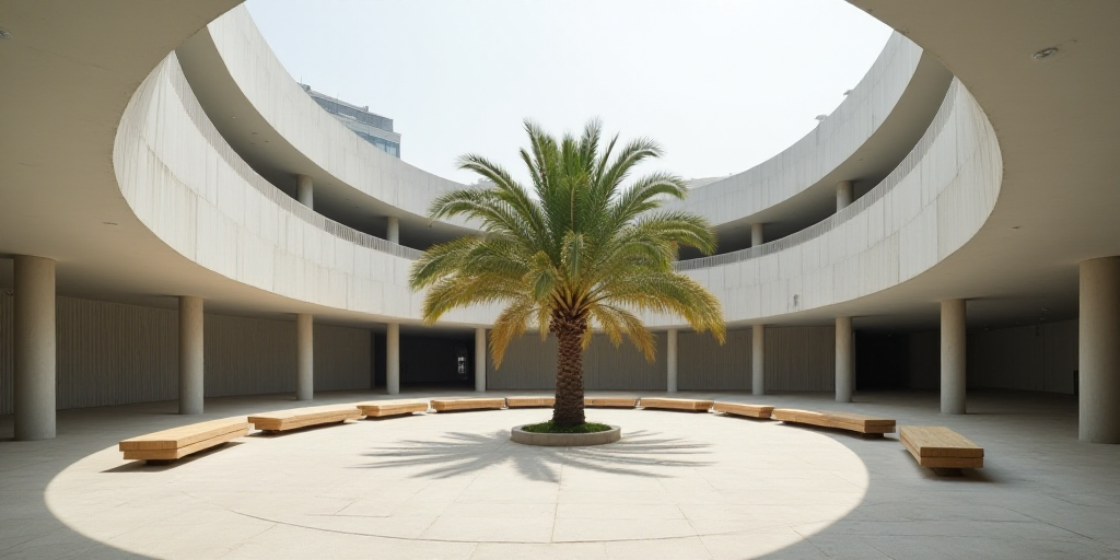 a large building with a bunch of benches in it's center area and a palm tree in the center, David Ch