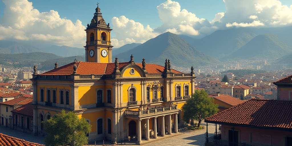 a large building with a clock tower and a clock on the top of it's roof and a clock tower on the top