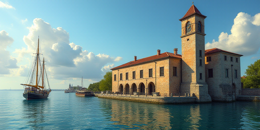 a large building with a clock on it's side next to a body of water with a boat in the water, Altichi