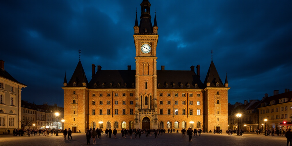 a large building with a clock tower at night time with people walking around it and a crowd of peopl
