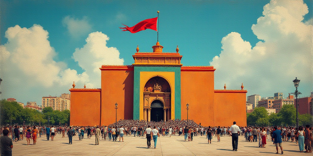 a large building with a flag flying in front of it and a crowd of people in the plaza below, David A