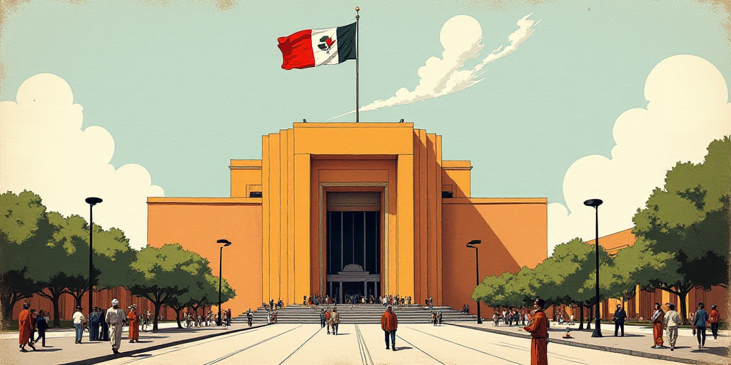 a large building with a flag flying in front of it and people walking around it in the middle of the