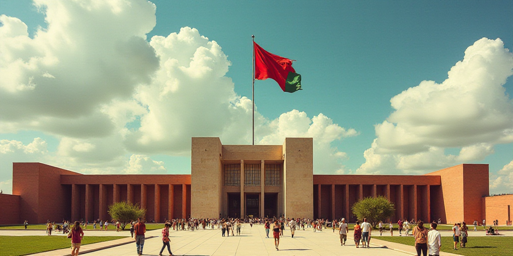 a large building with a flag flying in front of it and people walking around it in front of it, Davi