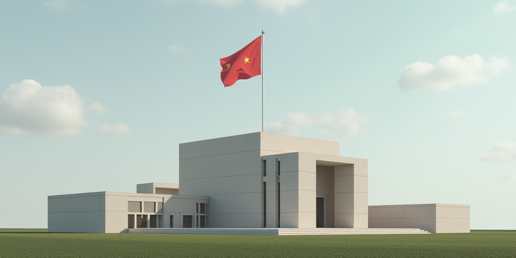 a large building with a flag on top of it's roof and a flagpole on top of it, Brenda Chamberlain, sy