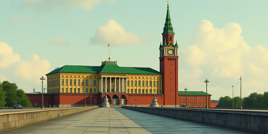 a large building with a green roof and a tall tower with a clock on it's side and a bridge in front