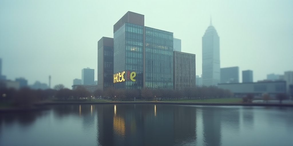 a large building with a hssc logo on it's side and a sky scraper behind it, Eric de Kolb, symmetric