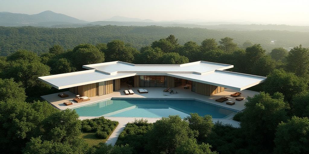 a large building with a pool in the middle of it and a lot of trees around it and a sky background,
