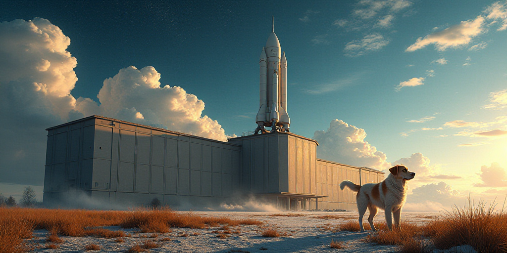 a large building with a rocket on top of it's roof and a dog in front of it, Aleksandr Gerasimov, sp