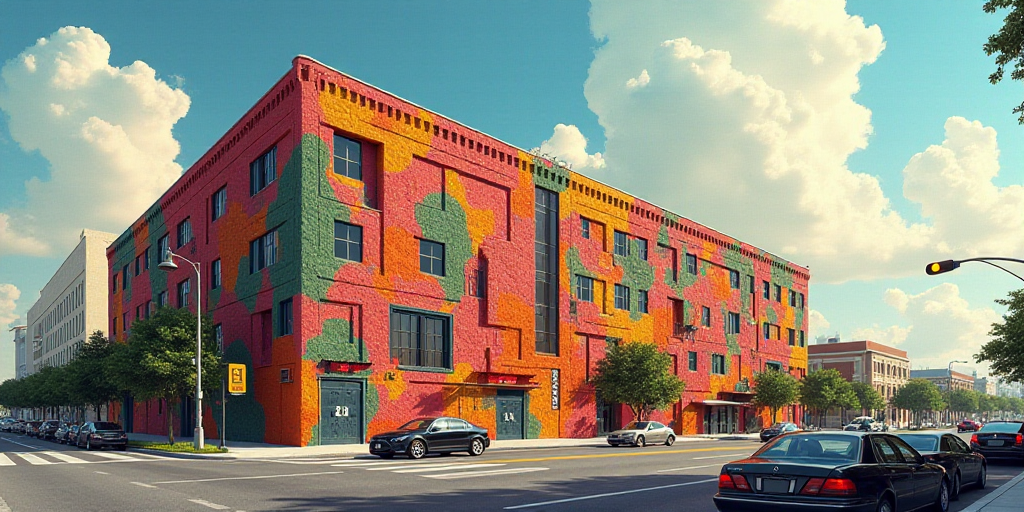 a large building with a sign in front of it on a city street with cars parked in front of it, David