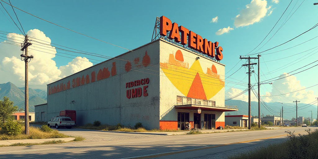 a large building with a sign on top of it that says, paterni's on the side, Federico Uribe, oil, a d