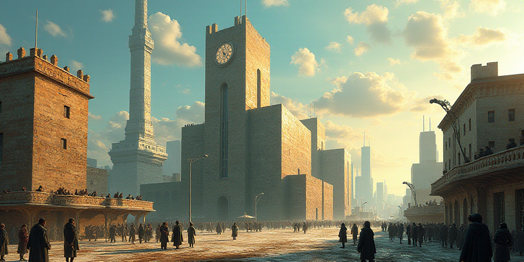 a large building with a tower that has a clock on it and people standing around it in a city, Bracha