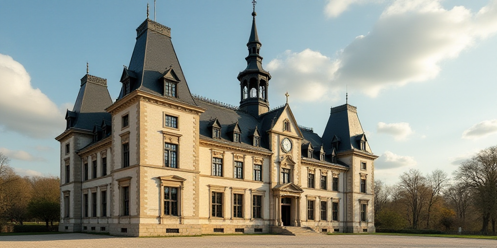 a large building with many windows and a clock on the top of it's face and a sky background, Enguerr