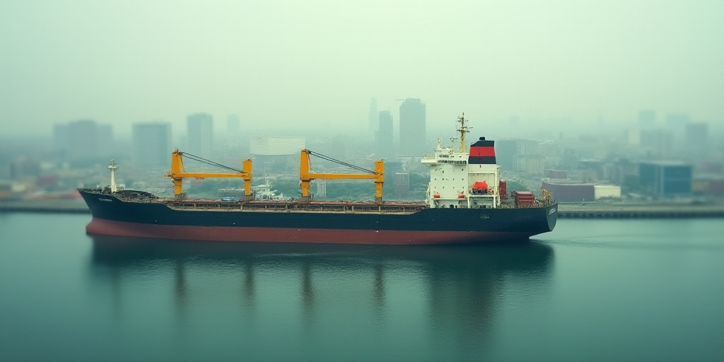 a large cargo ship in a harbor with a crane on top of it and a city in the background, Andreas Gursk