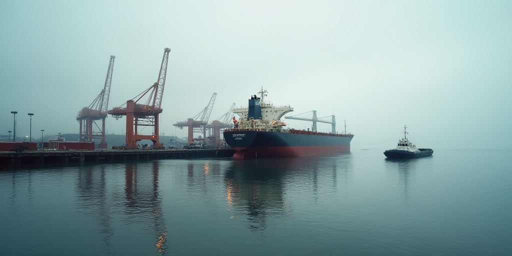 a large cargo ship in a large body of water next to a dock with a tug boat in the water, Eduardo Lef