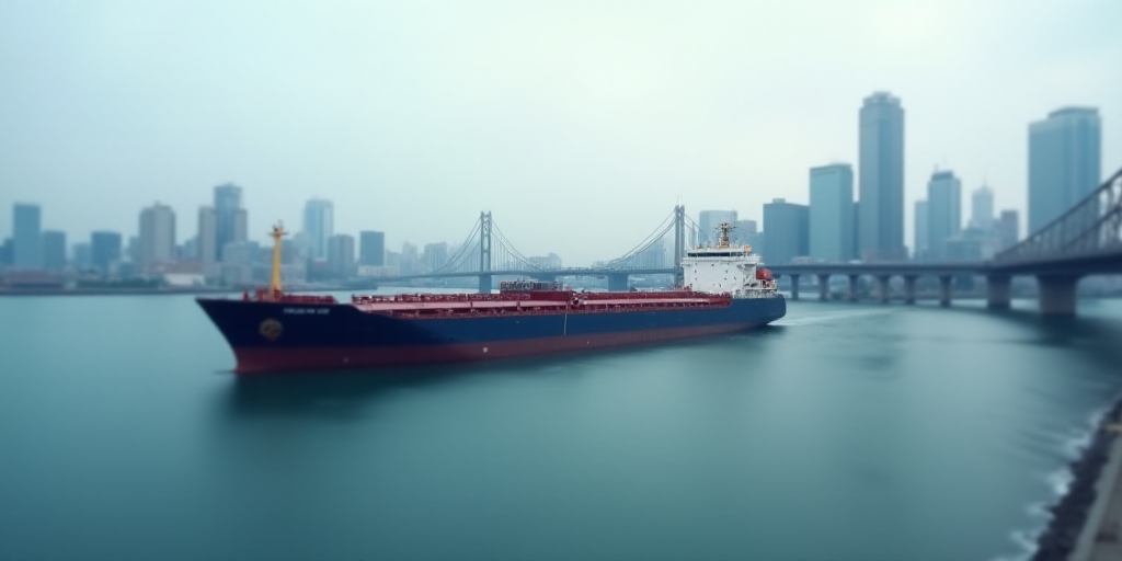a large cargo ship in the water near a city skyline with tall buildings in the background and a brid