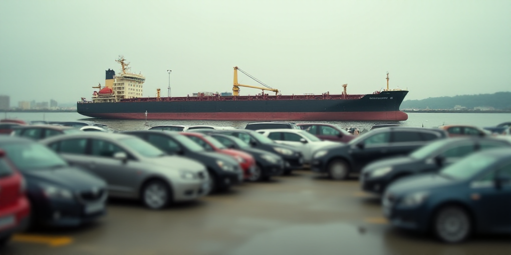 a large cargo ship is in the background of a parking lot with many cars parked in front of it, Corne