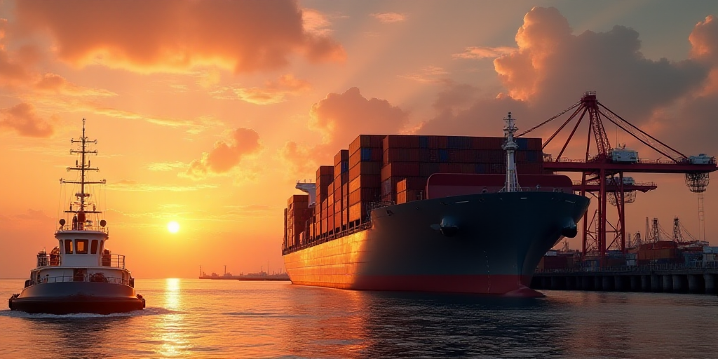 a large cargo ship loaded with containers at a dock at sunset with a crane in the background and a t