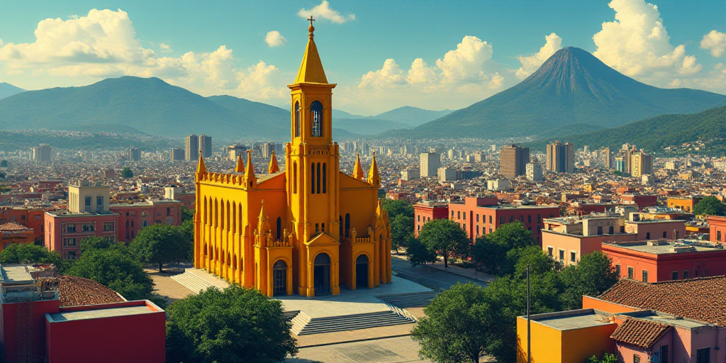 a large cathedral with a yellow steeple in the middle of a city with tall buildings and a mountain i