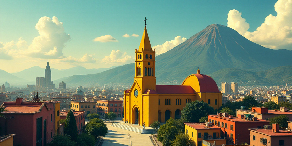 a large cathedral with a yellow steeple in the middle of a city with tall buildings and a mountain i