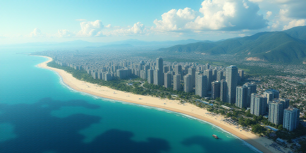 a large city on the shore of a body of water with a beach in front of it and a boat in the water, Ca
