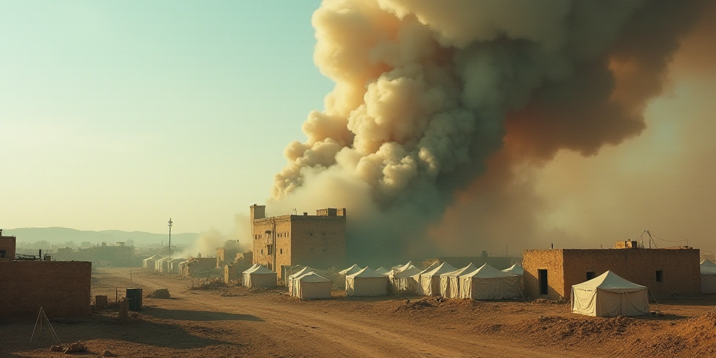 a large cloud of smoke is billowing out of a building in a town with tents and tents in the backgrou