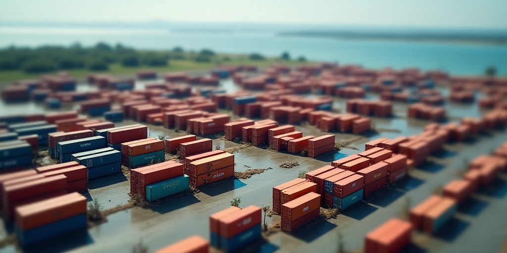 a large container yard with a lot of containers in it and a large body of water in the background, E