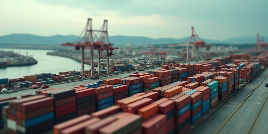 a large container yard with a lot of containers in it and a large body of water in the background, E