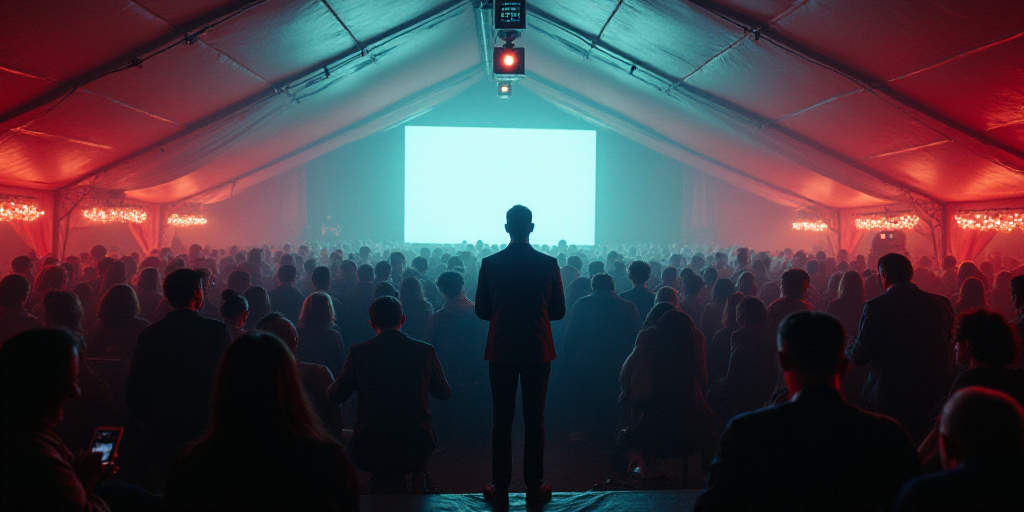 a large crowd of people are gathered in a tent for a rally with a man standing in front of a microph