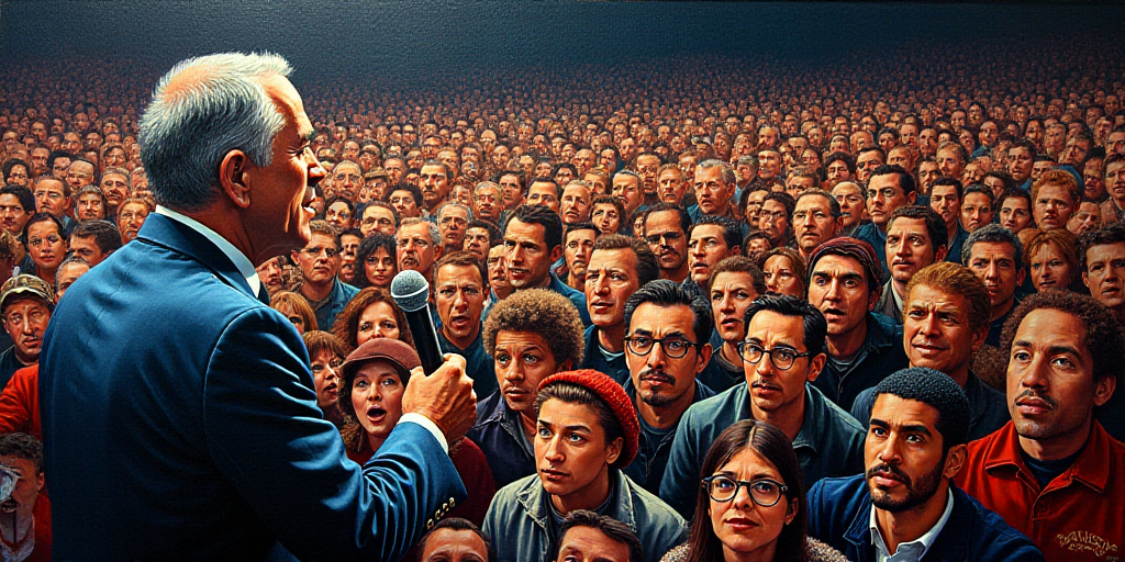 a large crowd of people are gathered around a painting of a man holding a microphone and a microphon