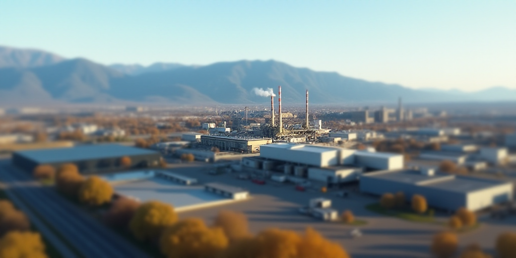 a large factory with a lot of buildings in the background and a mountain range in the distance with