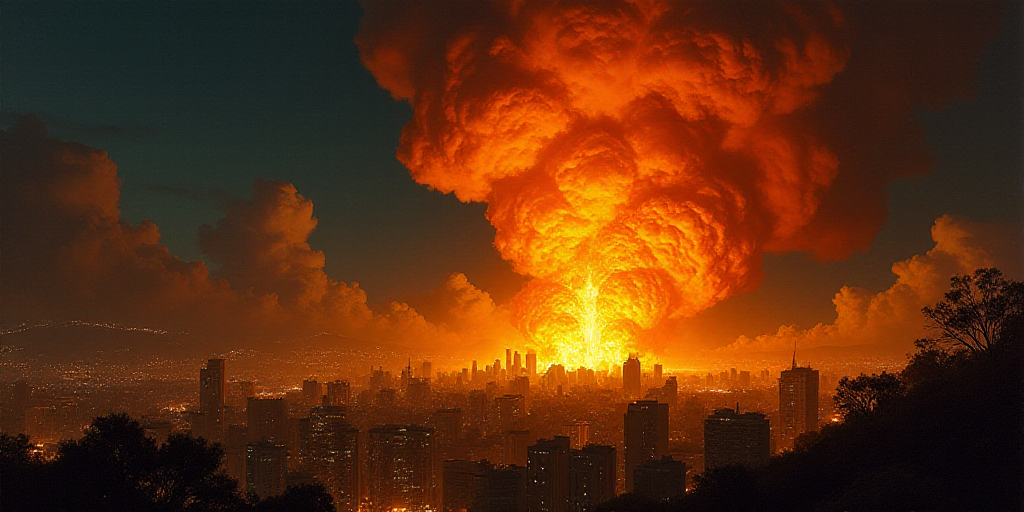 a large fire is burning in the sky over a city at night time with buildings lit up in the background
