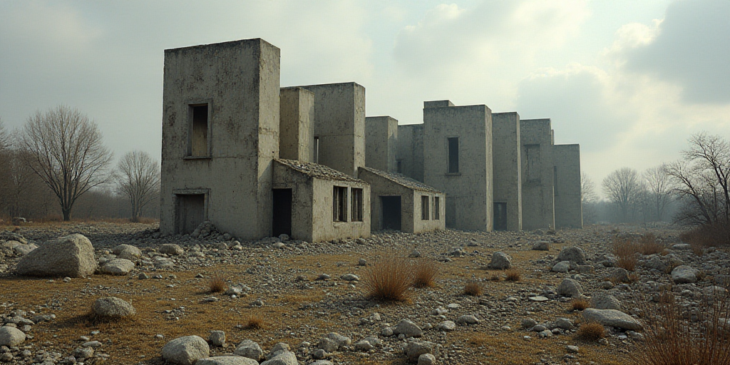 a large group of buildings that are in the middle of a field of rubble and trees in the background,