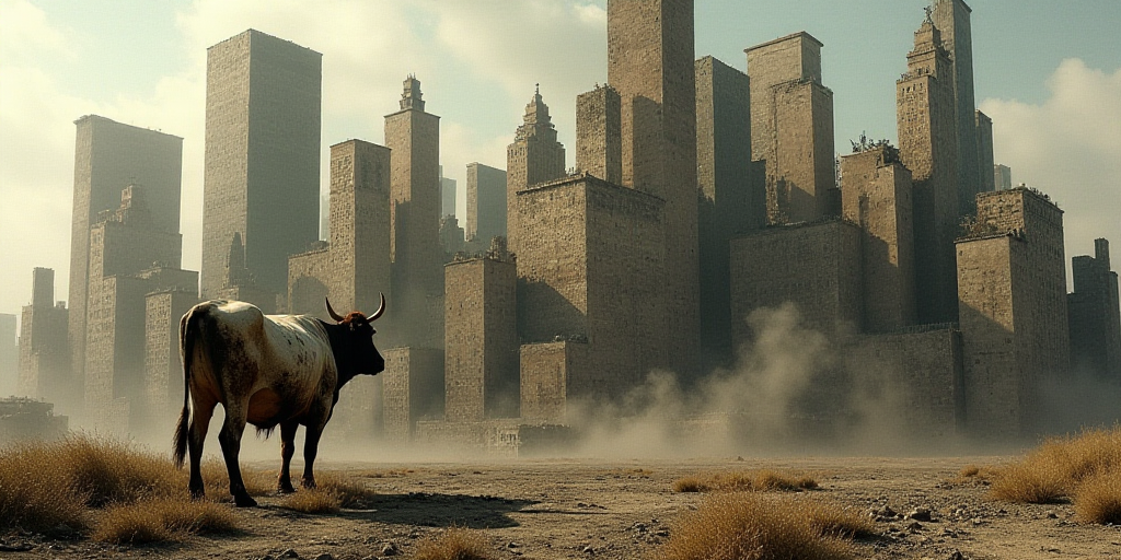 a large group of buildings that are in the middle of a city with a cow standing in front of them, De