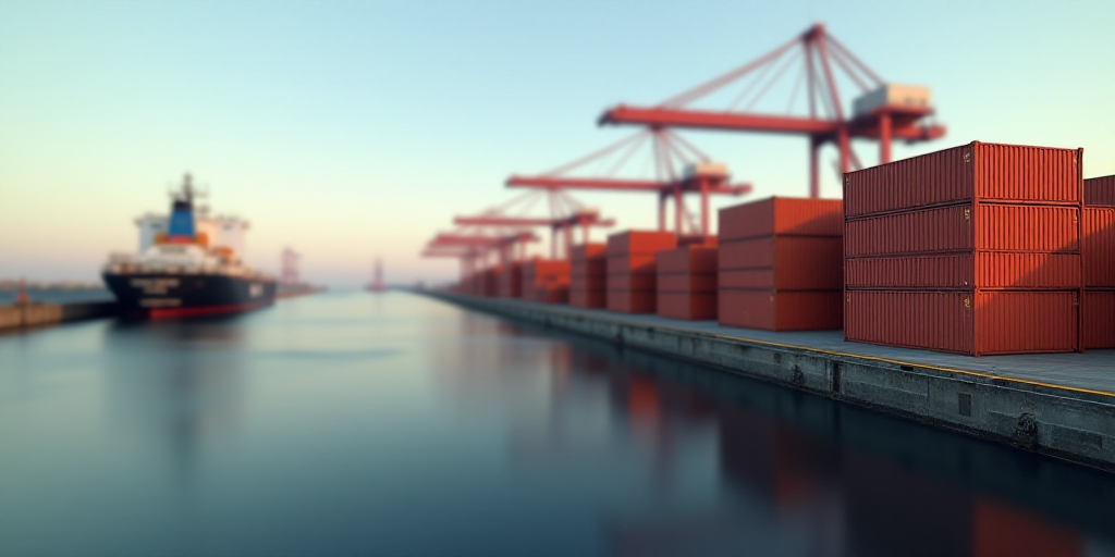 a large group of containers are stacked on a dock near a harbor with cranes and a boat in the backgr