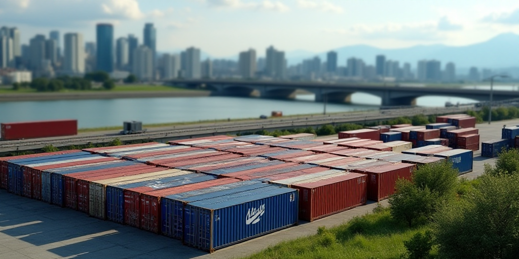 a large group of containers are parked in a lot next to a highway and a bridge with a city in the ba