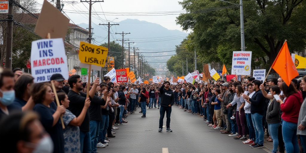 a large group of people are protesting in a protest on a street corner with signs and banners on the