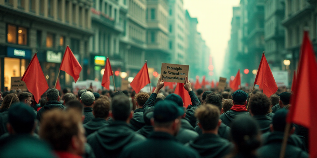 a large group of people holding signs and flags in a city street with buildings in the background an