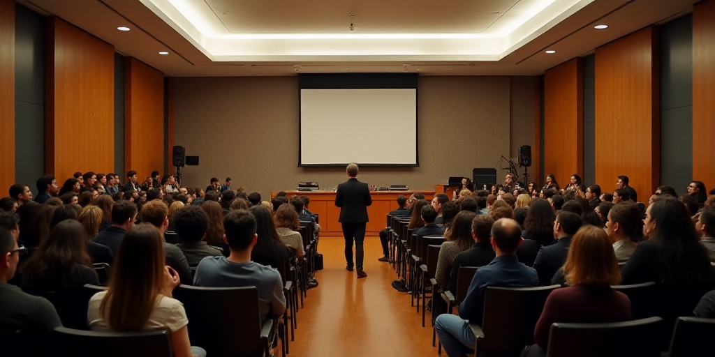 a large group of people sitting in chairs in a room with a speaker in the background and a speaker i