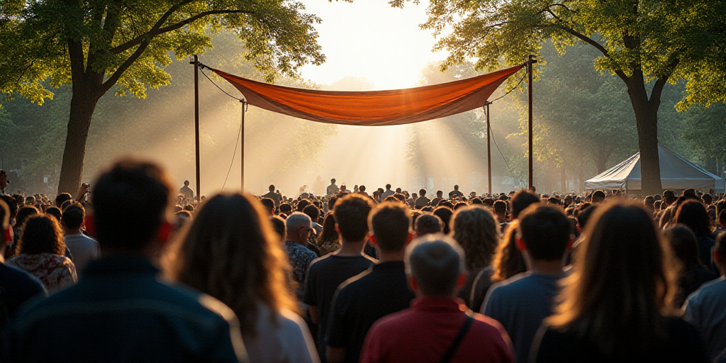 a large group of people standing under a canopy in a park area with a crowd of people standing aroun