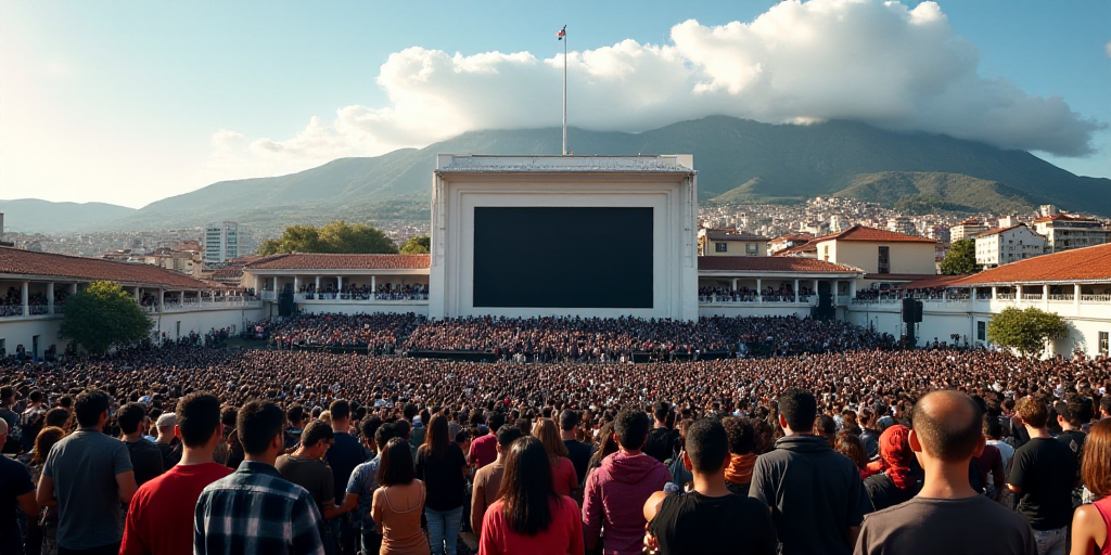 a large group of people standing in front of a building with a large screen on it's wall, Araceli Gi