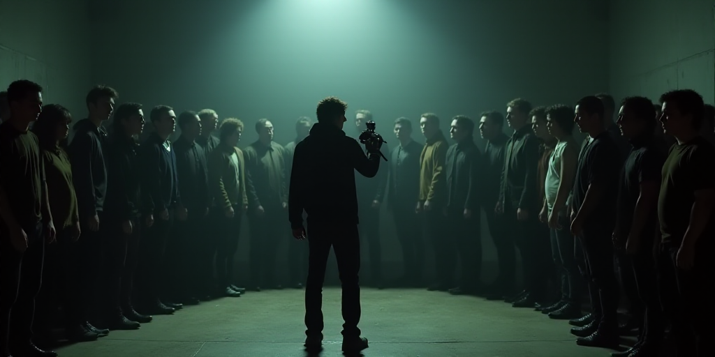 a large group of people standing in a room with a camera in front of them and a man holding a camera