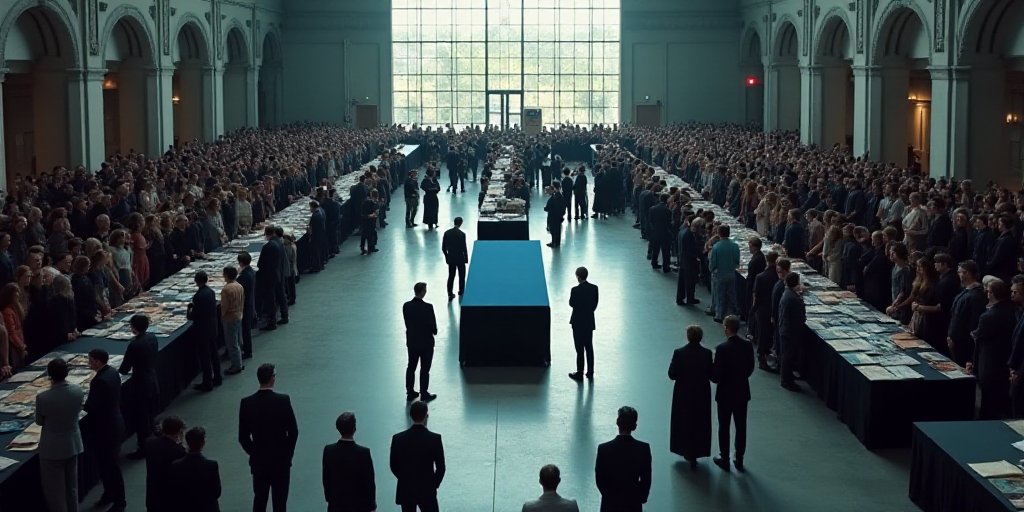 a large group of people standing around tables in a building with a crowd of people standing around