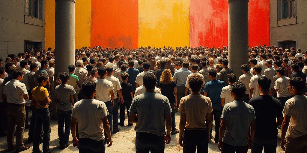 a large group of people standing in a room with a lot of people around them holding papers and posin