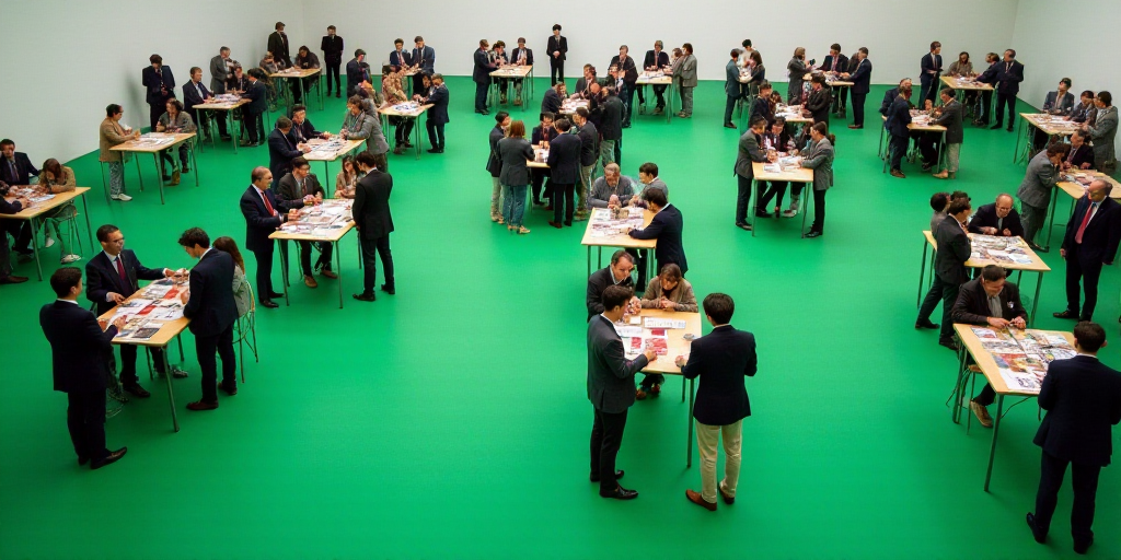 a large group of people standing around tables with signs on them and a green floor with a green flo