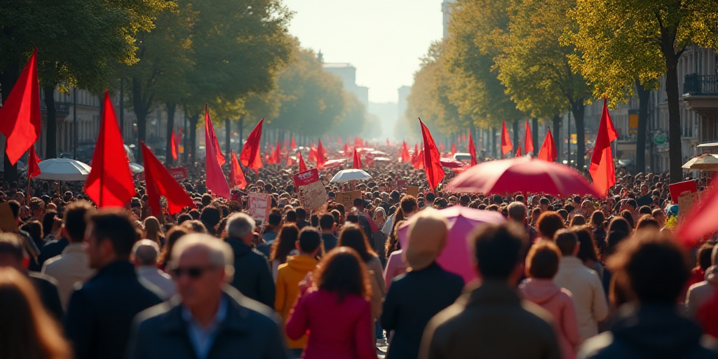 a large group of people walking down a street holding signs and umbrellas in the air and a crowd of