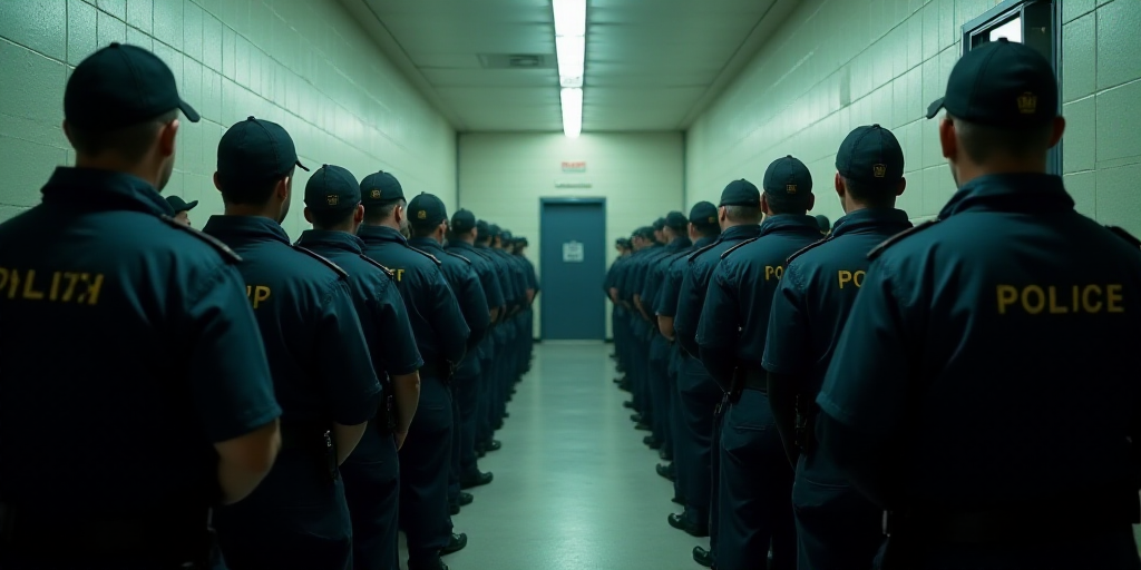 a large group of police standing in a hallway with a crowd of people standing around them in front o