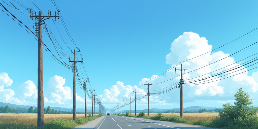 a large group of power lines and poles against a blue sky with a few clouds in the background and a